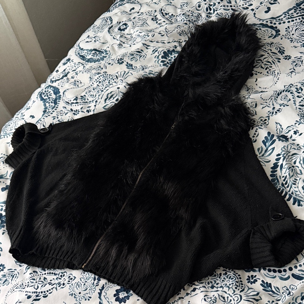 Knit Hooded Black Cape with Fur Trim